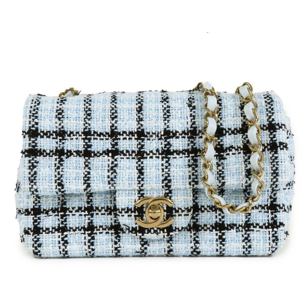 Chanel Mini Quilted Blue Black Gold Tweed Leather Chain Shoulder Bag 20