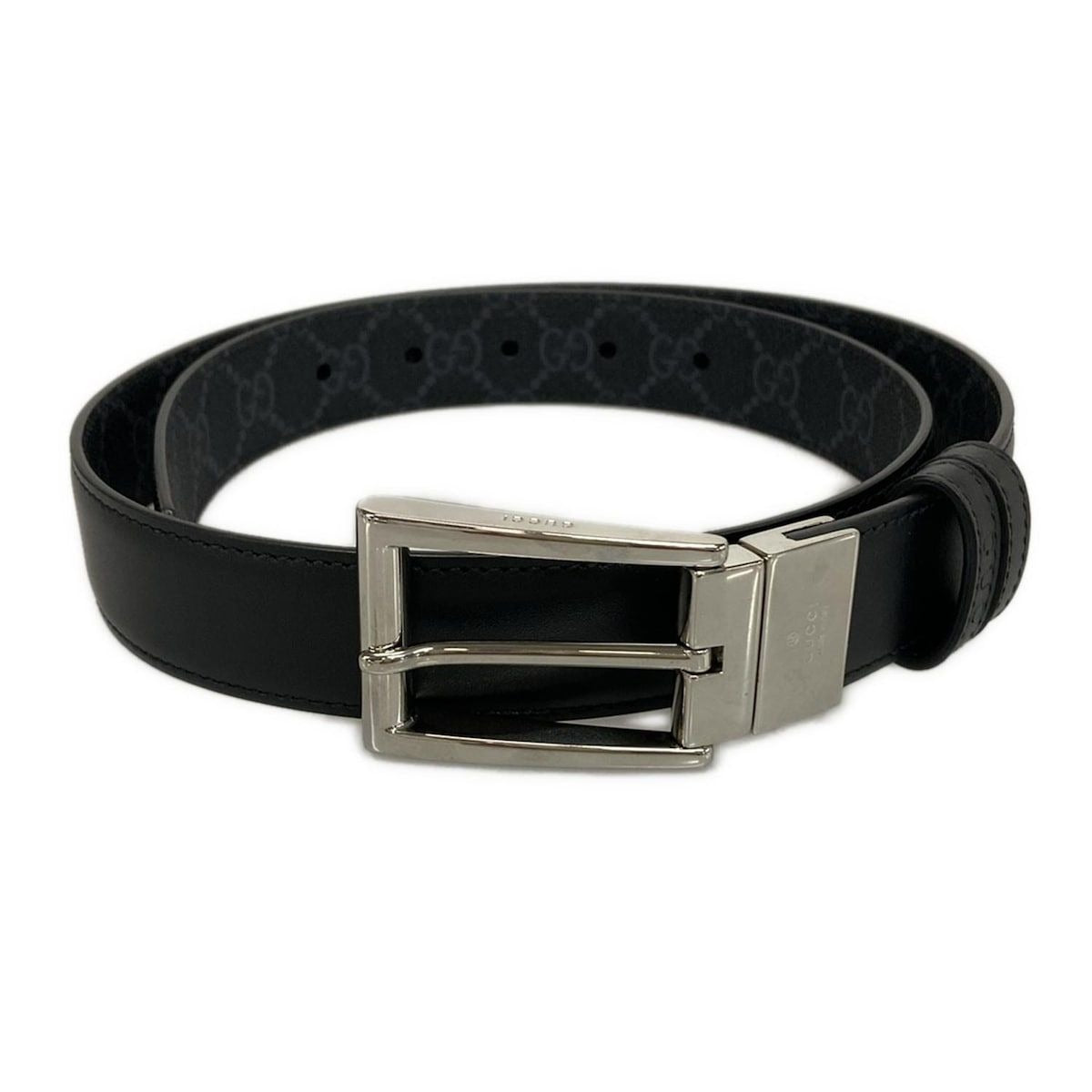 Gucci Belt GG Supreme Black Gray Silver Reversible Square Buckle Leather