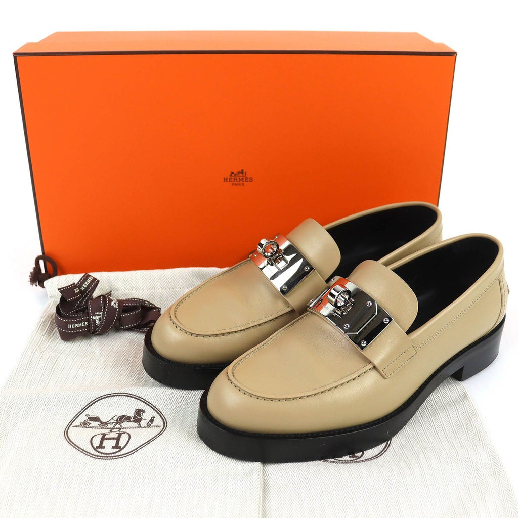 Hermes Moccasins Hot Kelly Buckle Leather Loafers Beige Silver 37.5 — view 2
