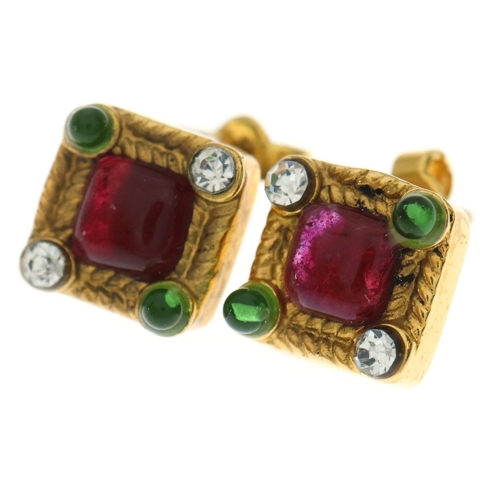 Chanel Color Stone Square Earrings Gold