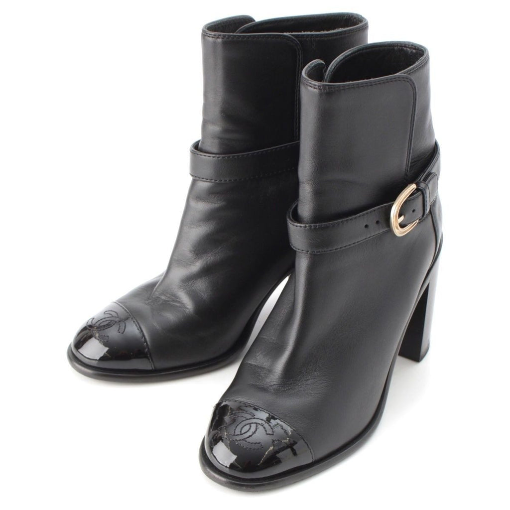 Chanel Leather CC Logo Belted Boots Black 35 2