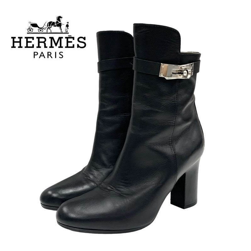 Hermes Boots Short Shoes Leather Black Silver Kelly Hardware