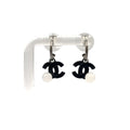 Chanel CC Logo Swing Metal Faux Pearl Plastic Silver Black White Earrings