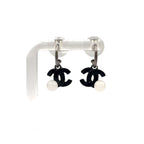 Chanel CC Logo Swing Metal Faux Pearl Plastic Silver Black White Earrings