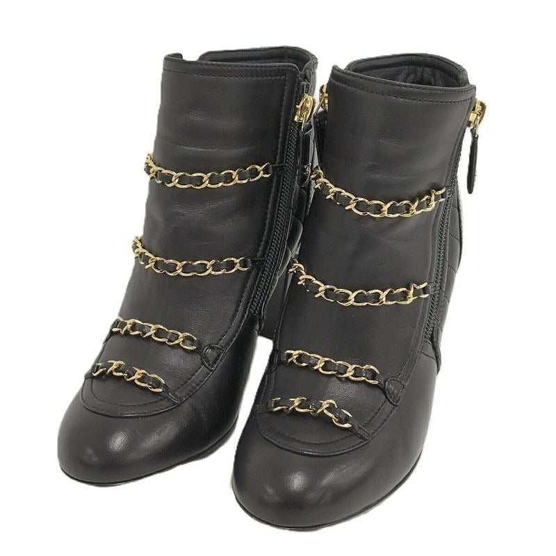 Chanel Chain Ankle Boots Leather Black Size 35