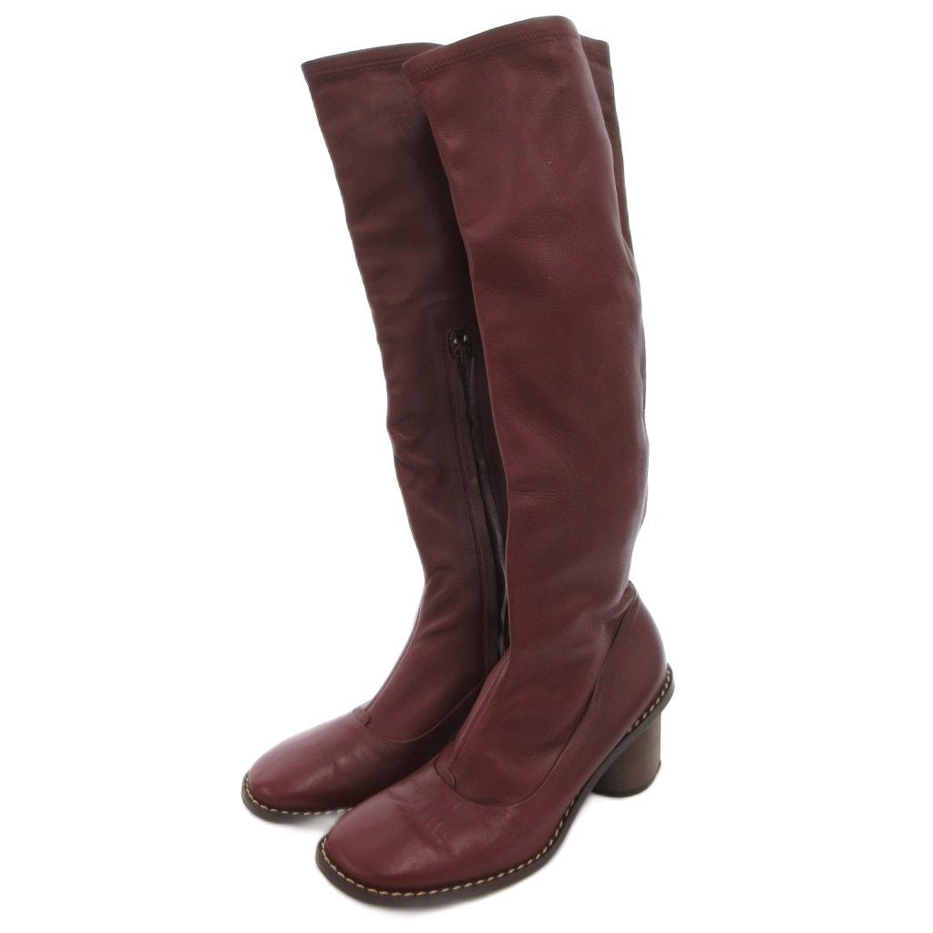 Celine Long Boots Leather Side Zip 37 Gold Bordeaux