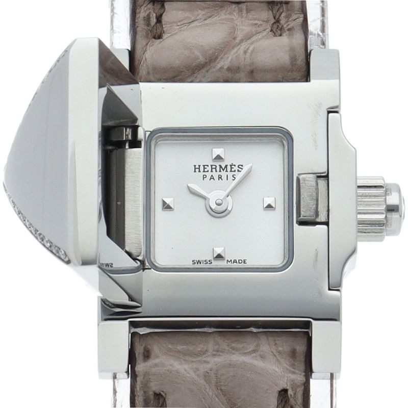 Hermes Mini Medall Diamond Watch Box SS Leather White Polished