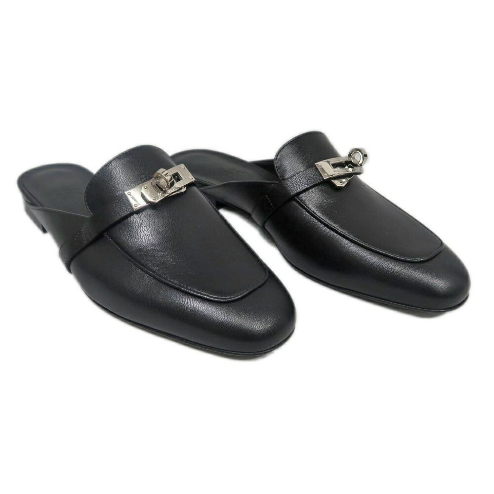 Hermes Oz Mule 38 Black Silver Leather Shoes — view 2