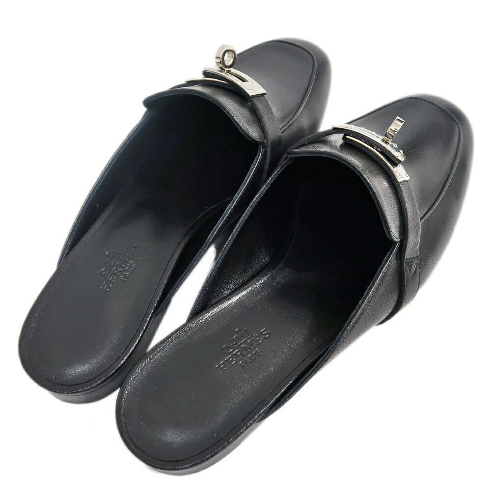 Hermes Oz Mule 38 Black Silver Leather Shoes — view 4