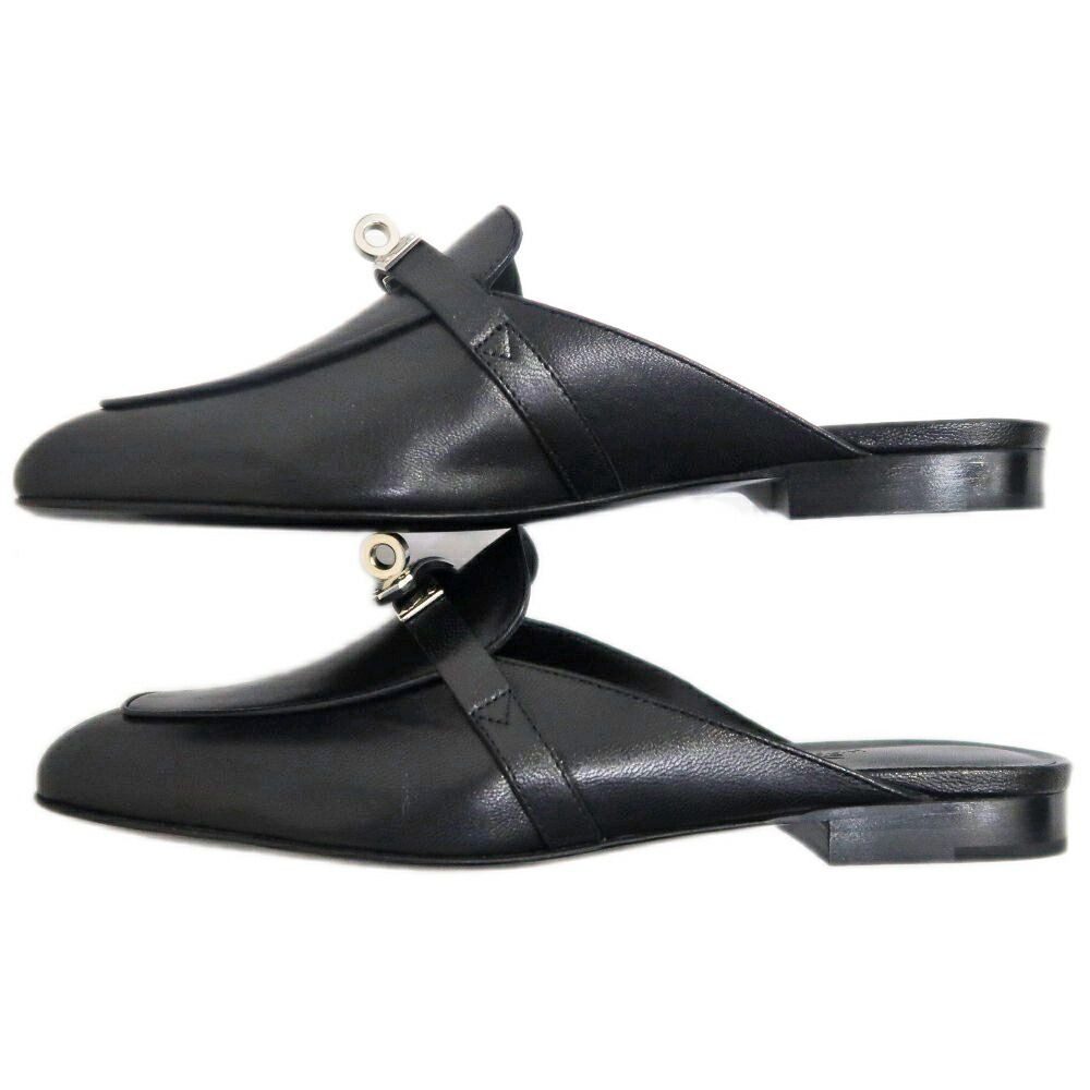 Hermes Oz Mule 38 Black Silver Leather Shoes — view 5