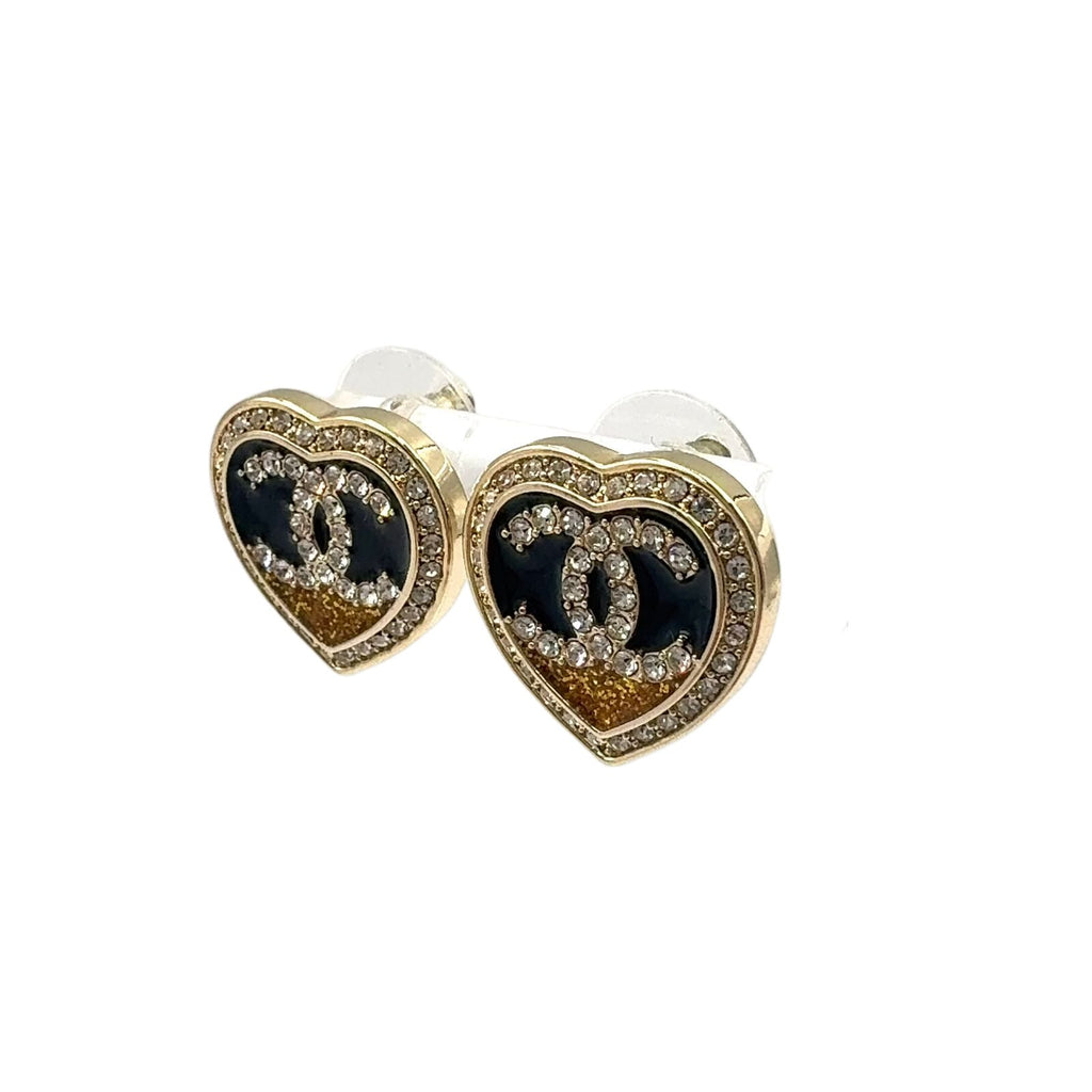 Chanel CC Logo Rhinestone Heart Color Stone Resin Clear Gold Black Earrings — view 2