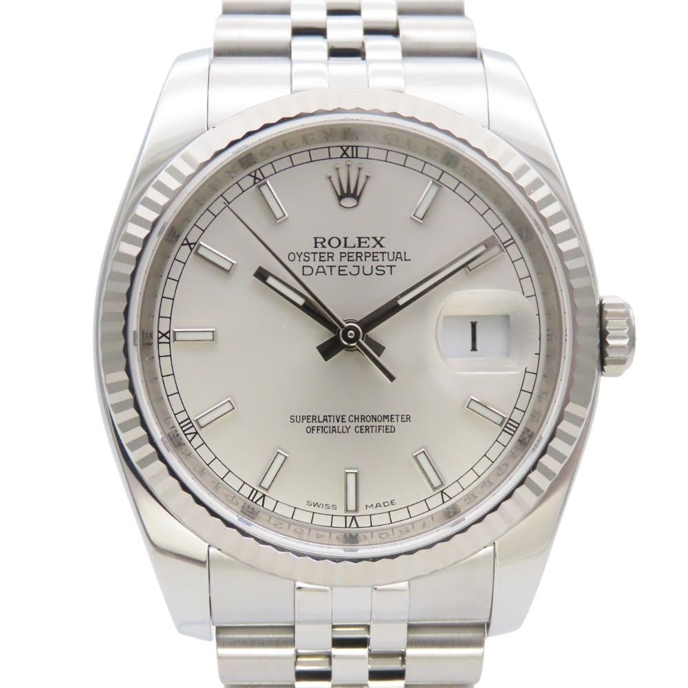 Rolex Watch Datejust 36 Stainless Steel 18k White Gold Silver Dial Bar Index