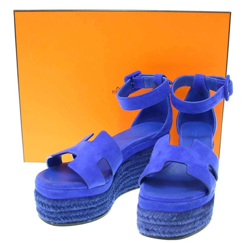 Hermes 24 SS Espadrille Elda Suede Leather Wedge Sole Sandals Blue 35