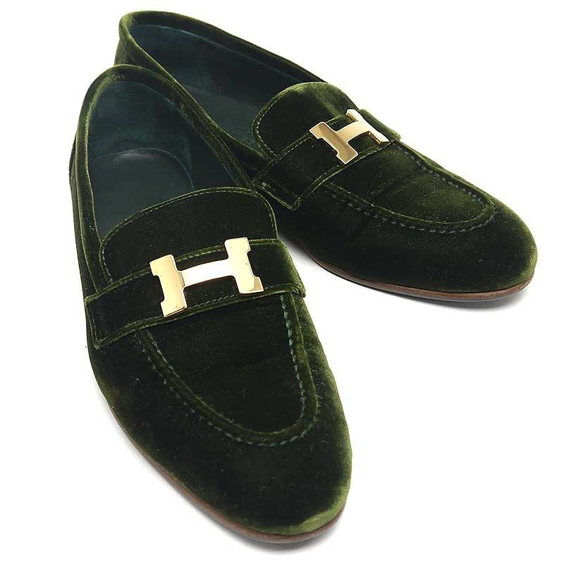 Hermes Moccasins Paris Velours 36.5 Green and Gold Hardware