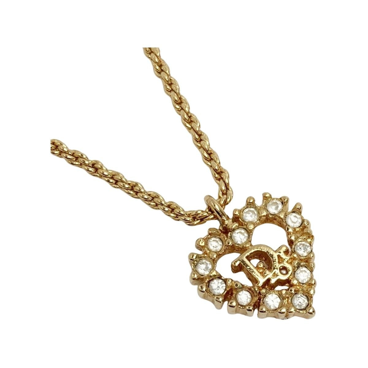 Christian Dior Logo Heart Rhinestone Necklace Gold GP