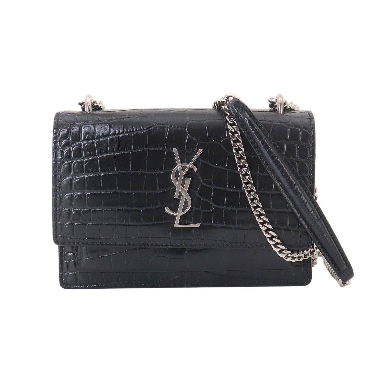 Saint Laurent Sunset Mini Chain Wallet Bifold Croco Shoulder