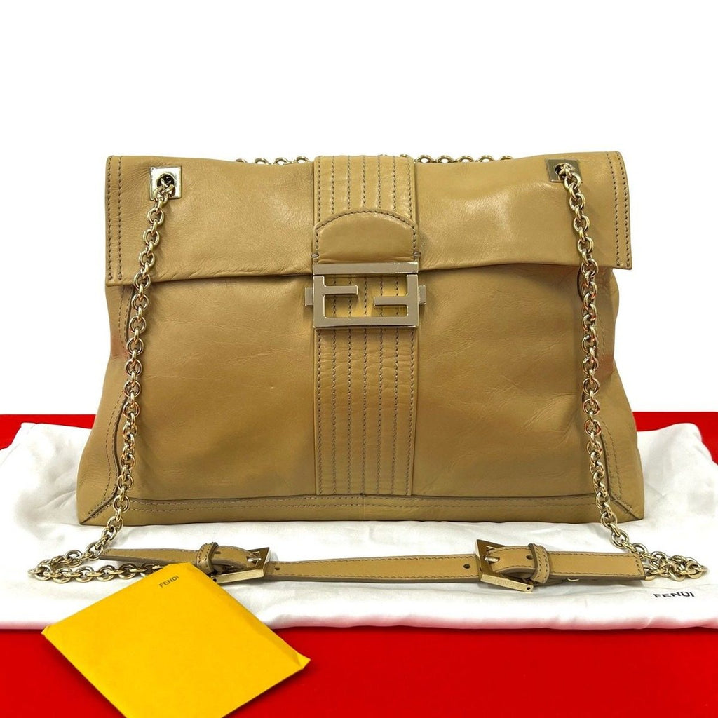 Fendi FF Logo Motif Leather 2-Way Chain Shoulder Bag Tote Beige
