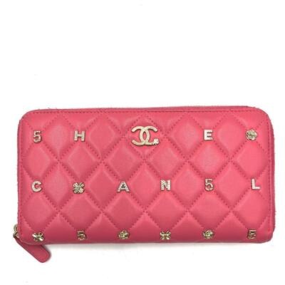 Chanel Pink Lambskin Rhinestone Quilted Long Wallet Lucky Charm Camellia