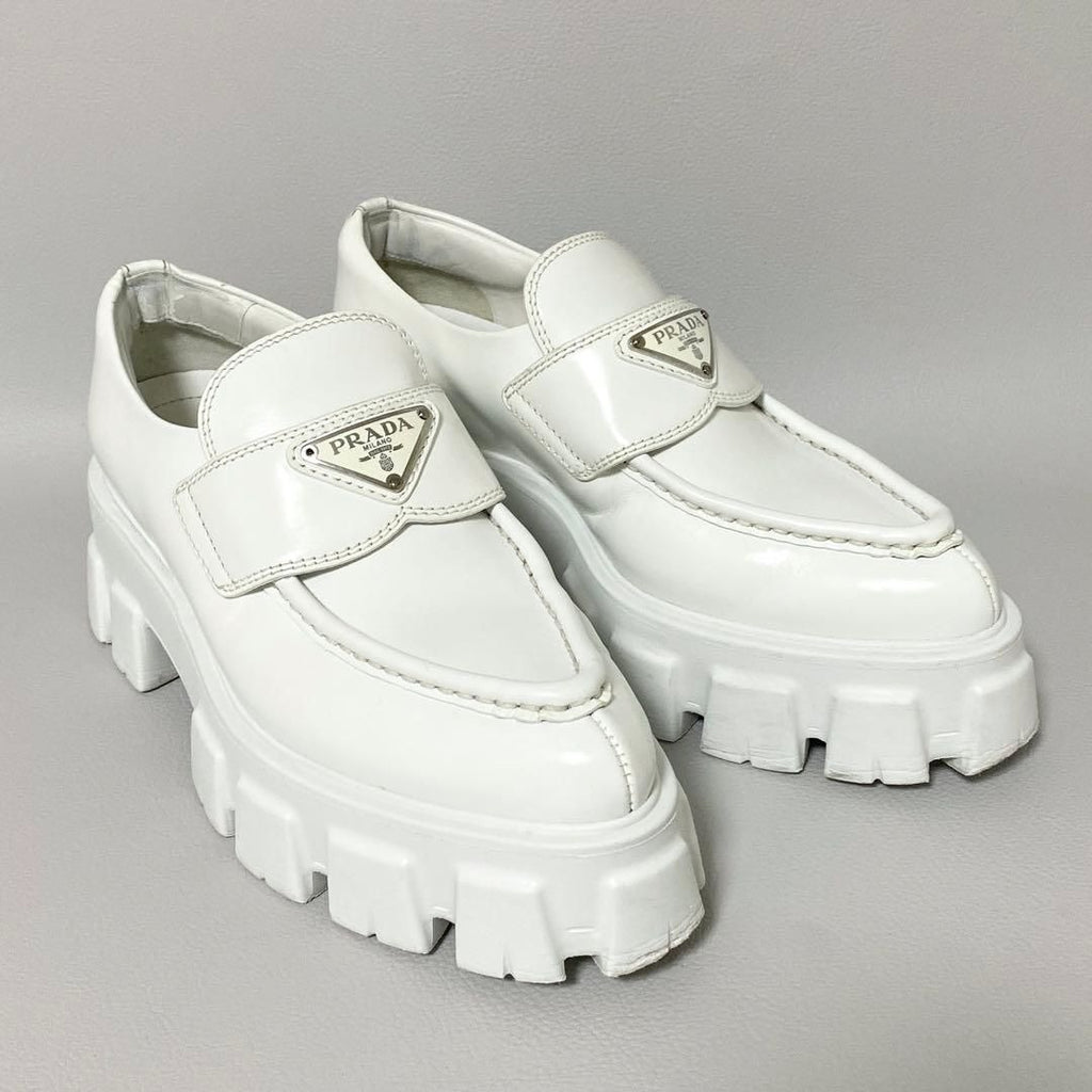Prada Monolith Brushed Leather Loafers 36 White