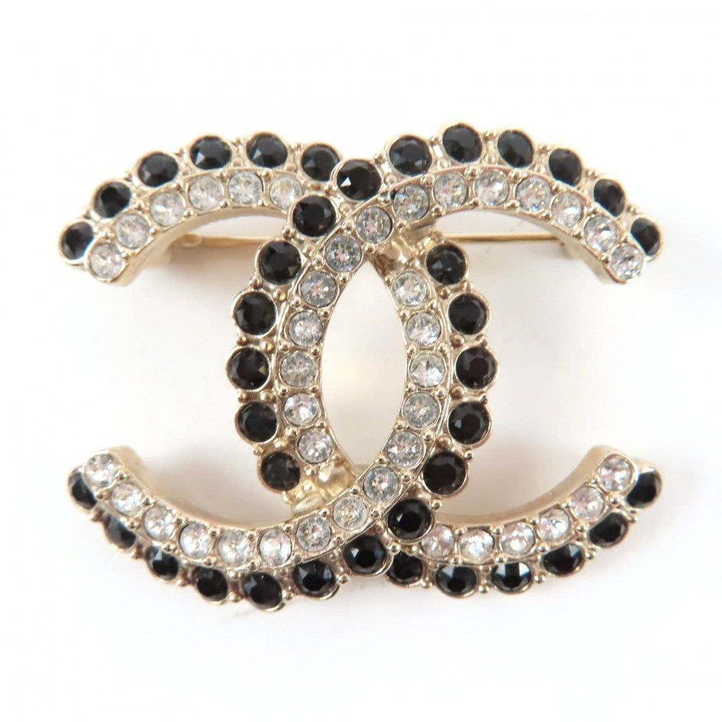 Chanel CC Logo Black Stone Clear Large Brooch Gold