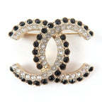 Chanel CC Logo Black Stone Clear Large Brooch Gold