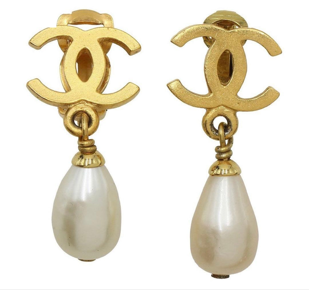 Chanel CC Logo Faux Pearl Teardrop Earrings