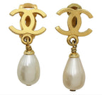 Chanel CC Logo Faux Pearl Teardrop Earrings