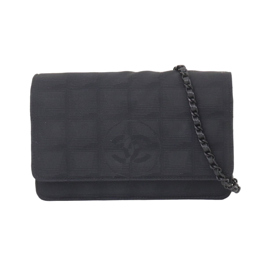 Chanel New Travel Line Chain Wallet Nylon Jacquard Leather Black