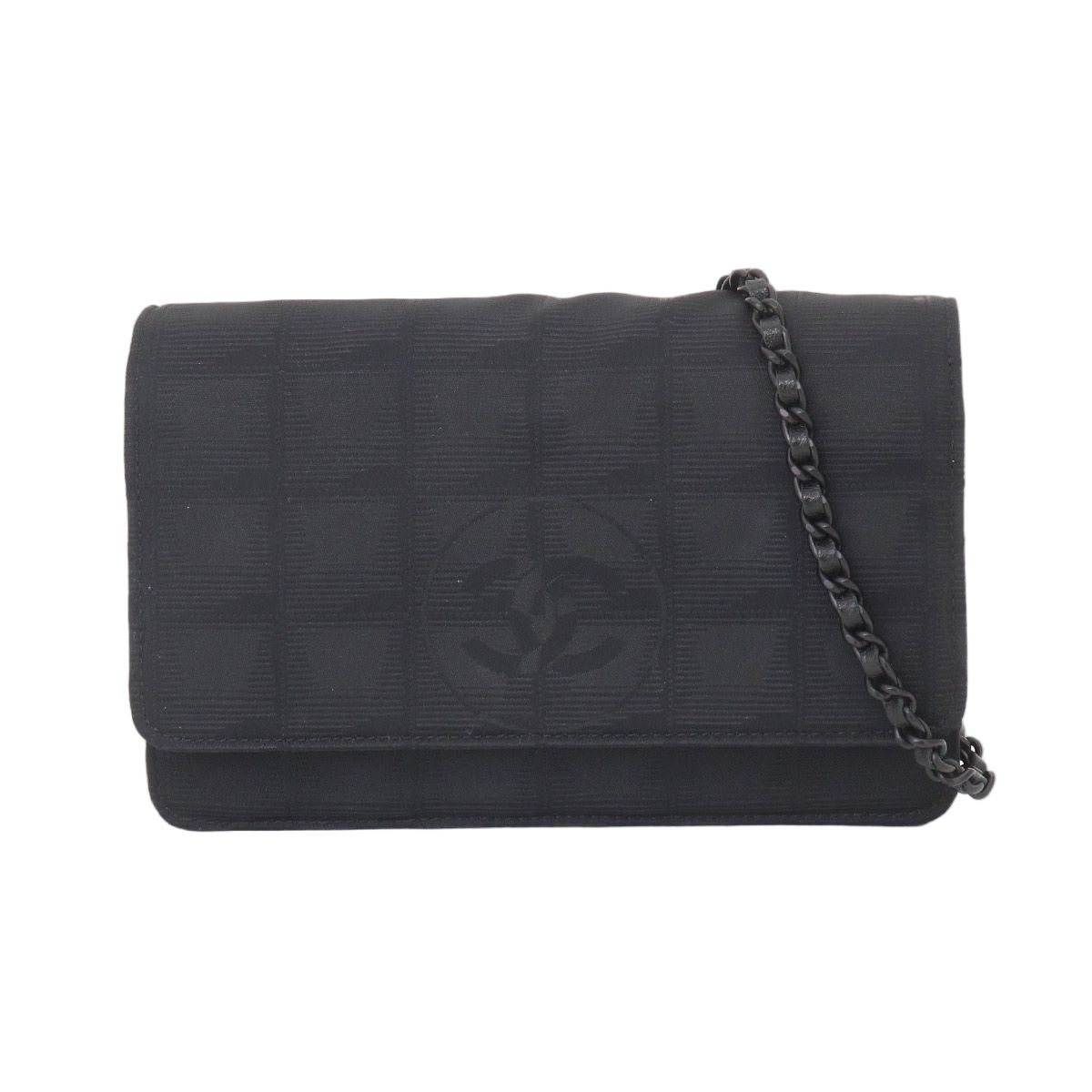 Chanel New Travel Line Chain Wallet Nylon Jacquard Leather Black