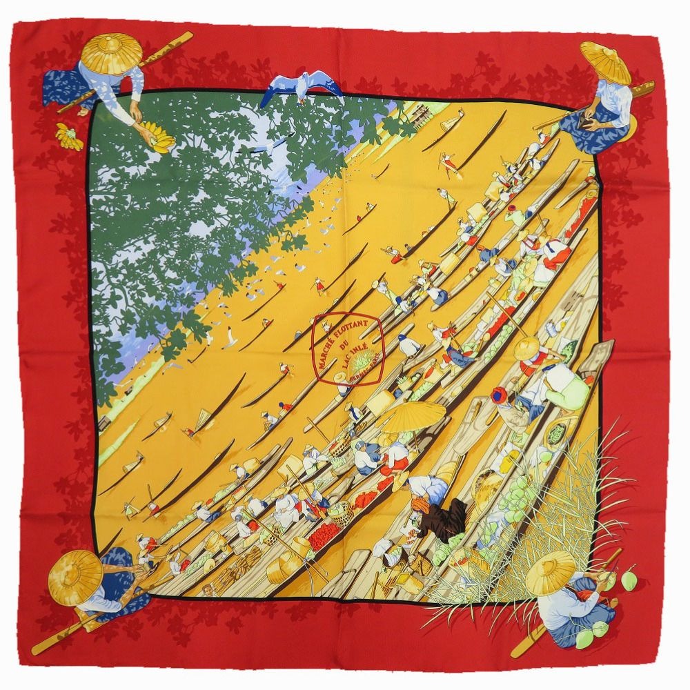 Hermes Carre 90 Marche Flottant du Lac Inle Lake Floating Market Silk Red
