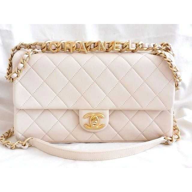 Chanel Quilted Chain Shoulder Bag Leather Light Beige