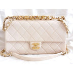 Chanel Quilted Chain Shoulder Bag Leather Light Beige