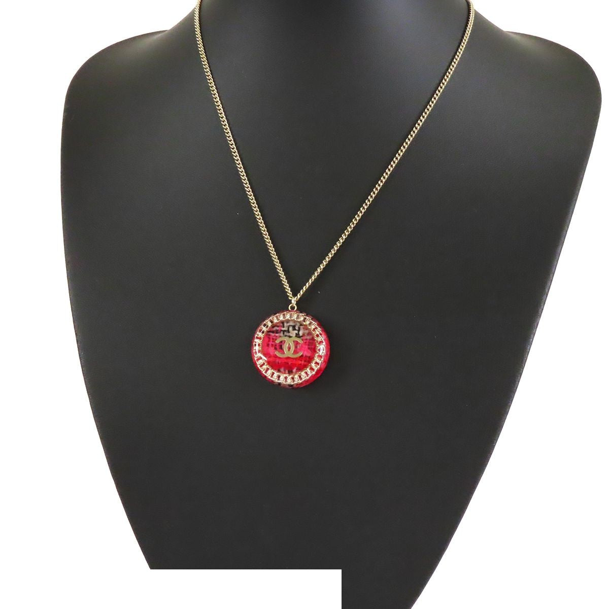 Chanel Tweed Chain Round Pendant Pink Gold Metal Resin 14S Necklace — view 7