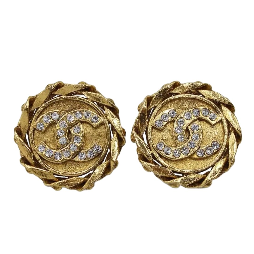 Chanel CC Logo Rhinestone Round Earrings