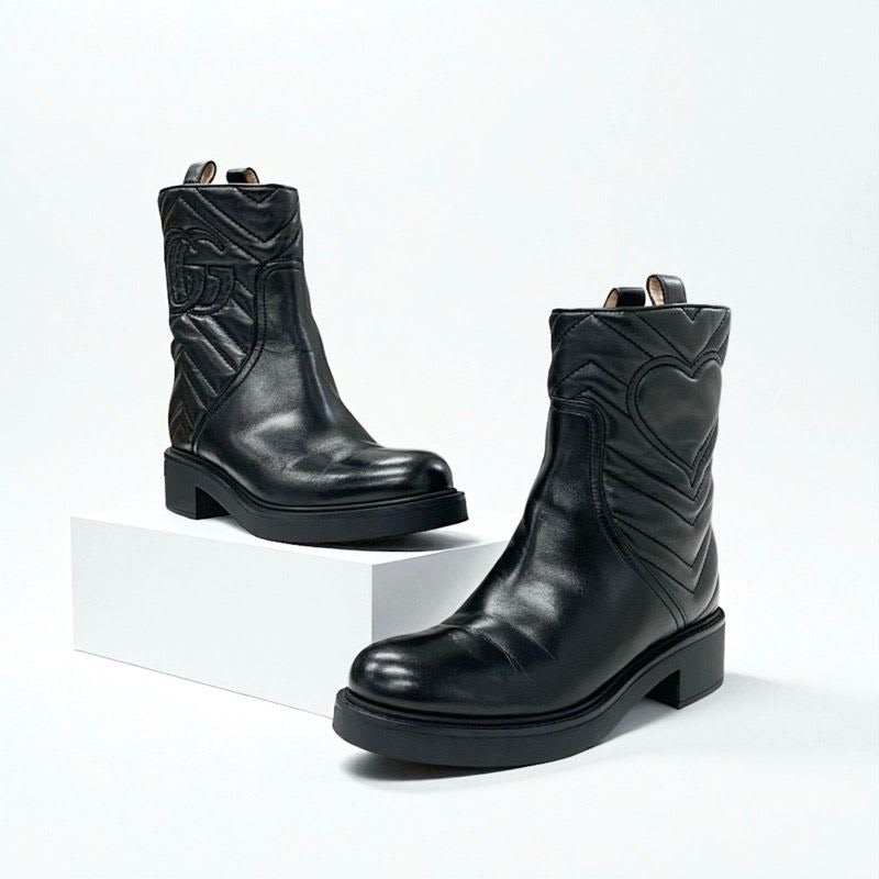 Gucci Boots Short Shoes Leather Black Double G Heart Quilting