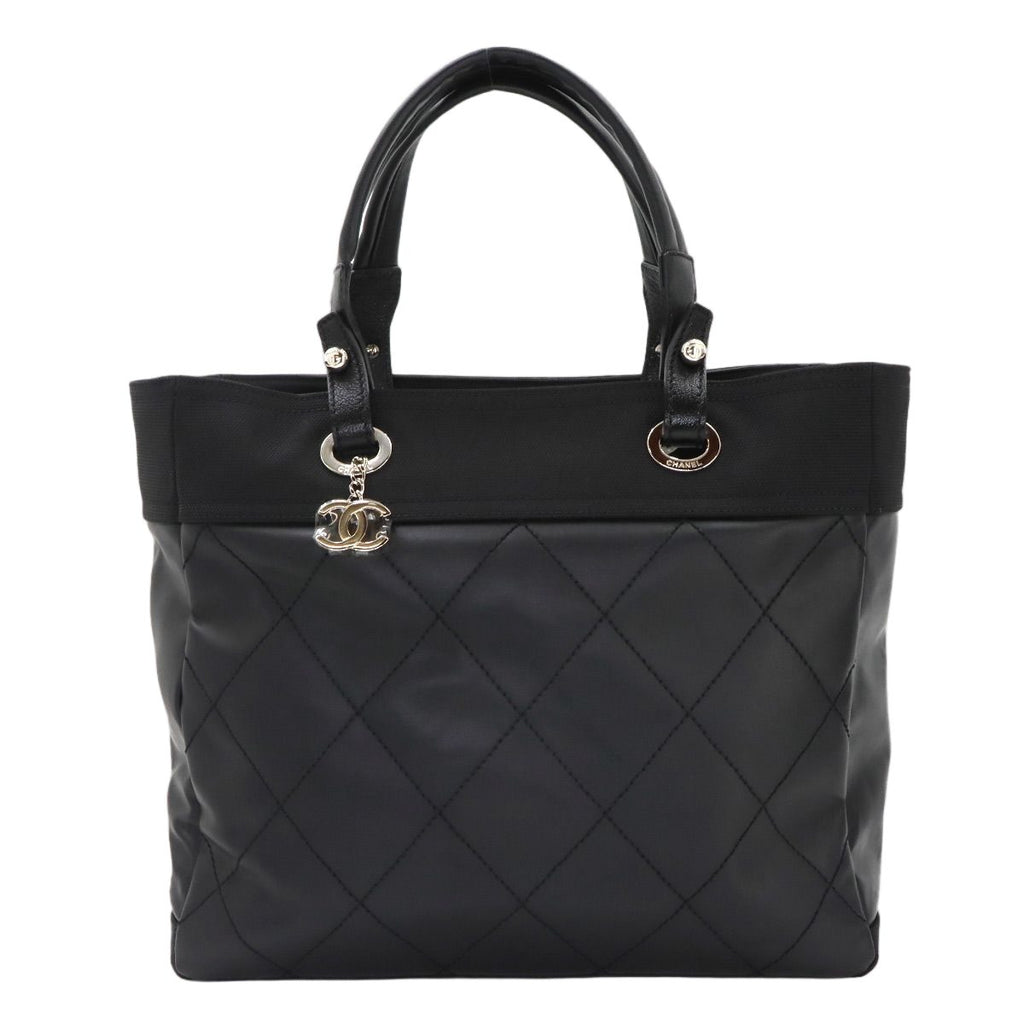 Chanel Paris Biarritz GM Tote Nylon Leather Black Silver