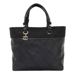 Chanel Paris Biarritz GM Tote Nylon Leather Black Silver