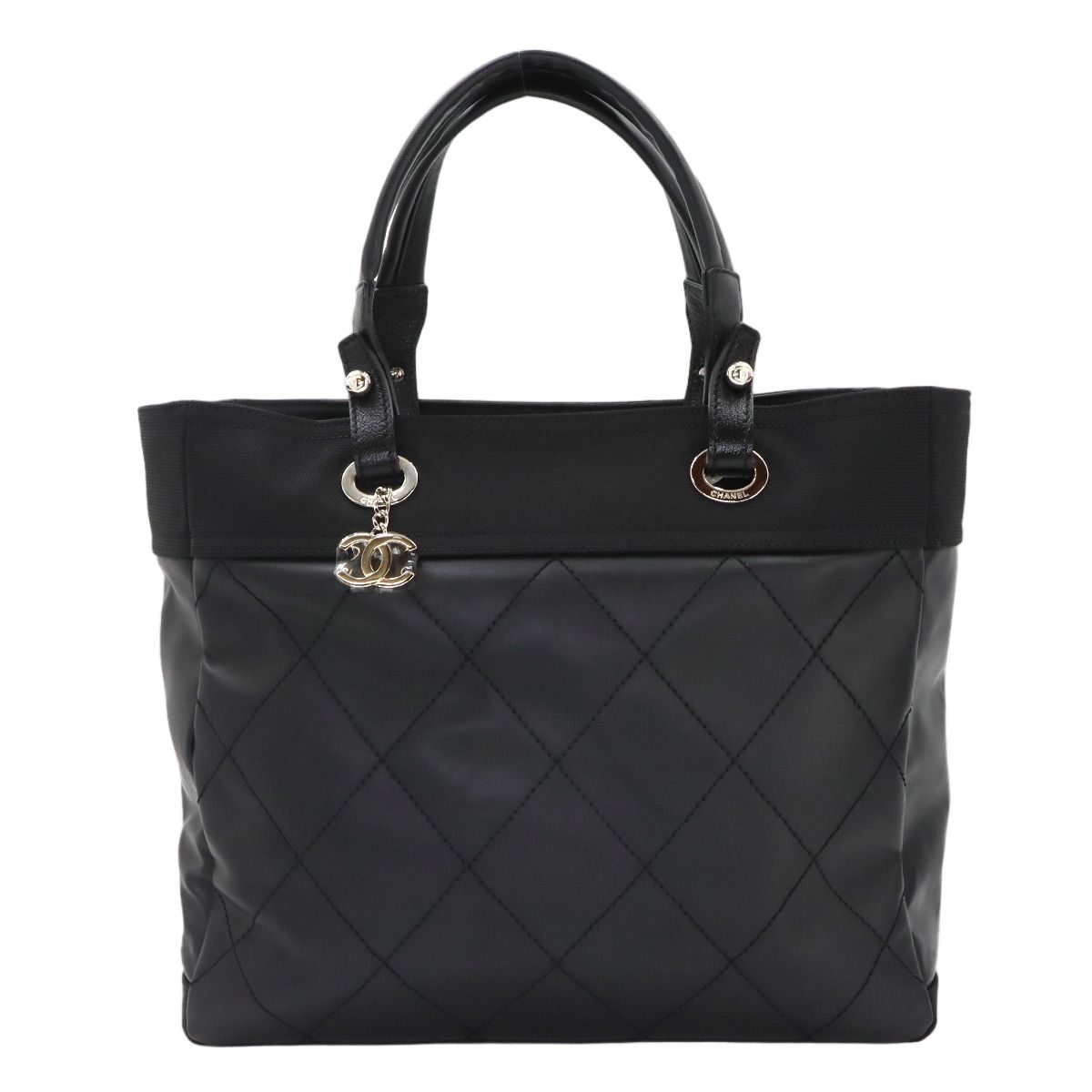 Chanel Paris Biarritz GM Tote Nylon Leather Black Silver