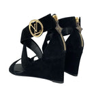 Louis Vuitton Horizon Line Sandals Shoes Suede Black Gold Lvhardware Wedge Sole — view 4