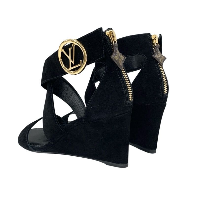 Louis Vuitton Horizon Line Sandals Shoes Suede Black Gold Lvhardware Wedge Sole — view 4
