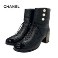 Chanel Boots Short Shoes Leather Black Coco Mark Pearl Lace Up Wrinkle