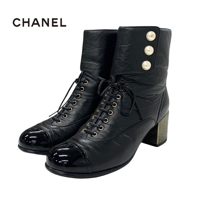 Chanel Boots Short Shoes Leather Black Coco Mark Pearl Lace Up Wrinkle