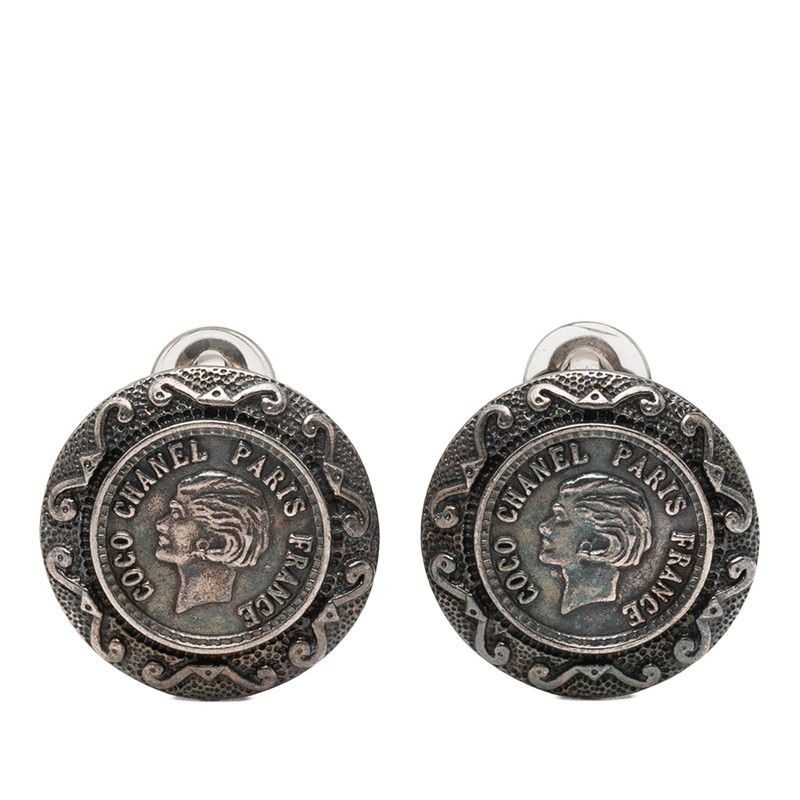 Chanel Coin Motif Round Earrings Vintage 96 Black Metal