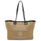 Chanel Deauville Line Tote MM Shoulder Bag Chain Canvas Leather Beige Black