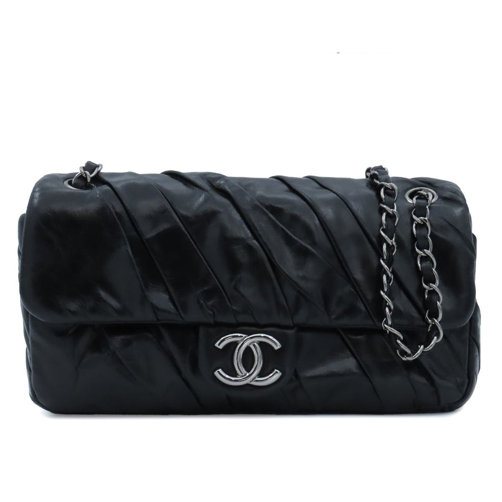 Chanel Shoulder Bag Black Gold Calfskin Twisted Gathered Chain Flap