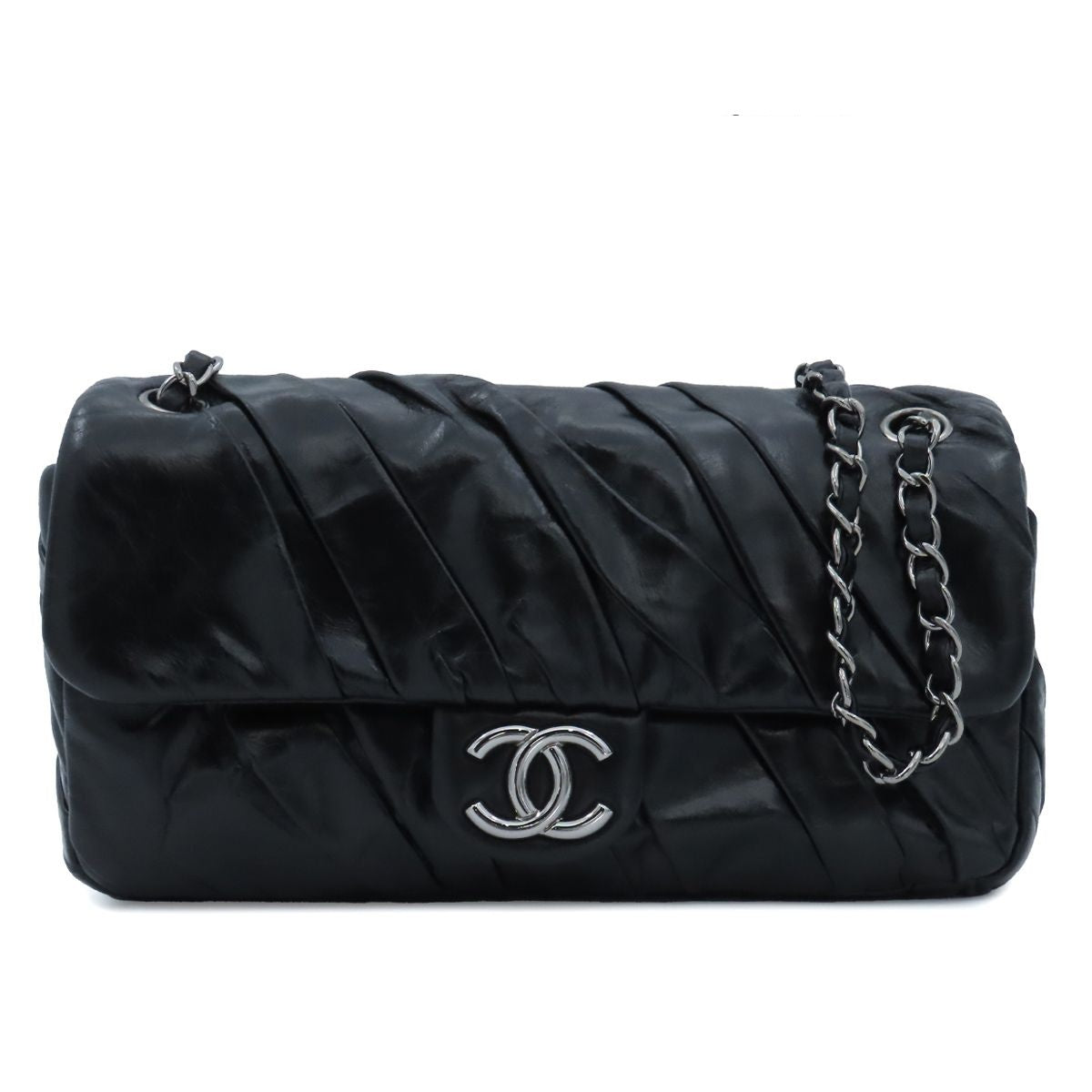 Chanel Shoulder Bag Black Gold Calfskin Twisted Gathered Chain Flap