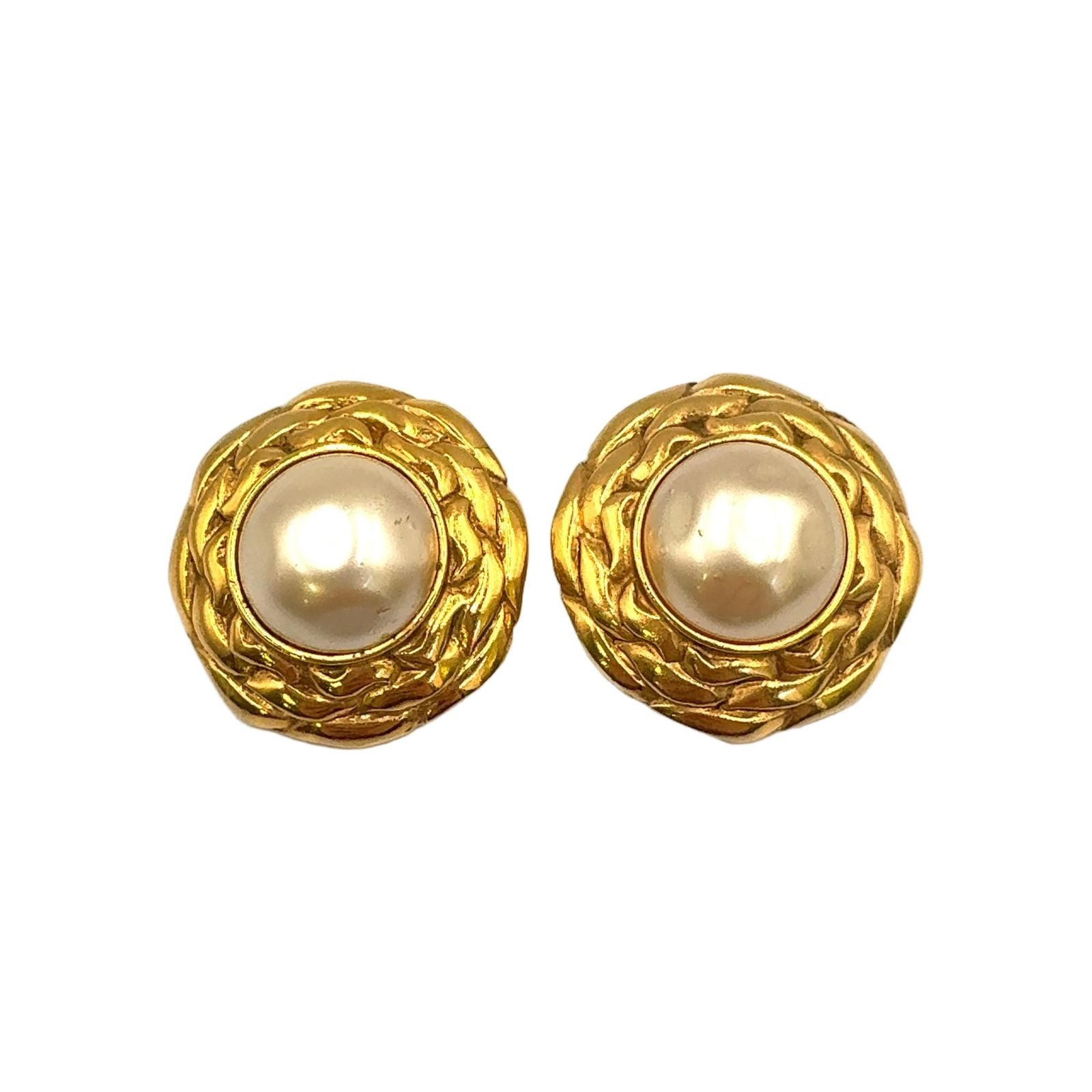 Chanel Vintage Faux Pearl Round Off White Gold Earrings
