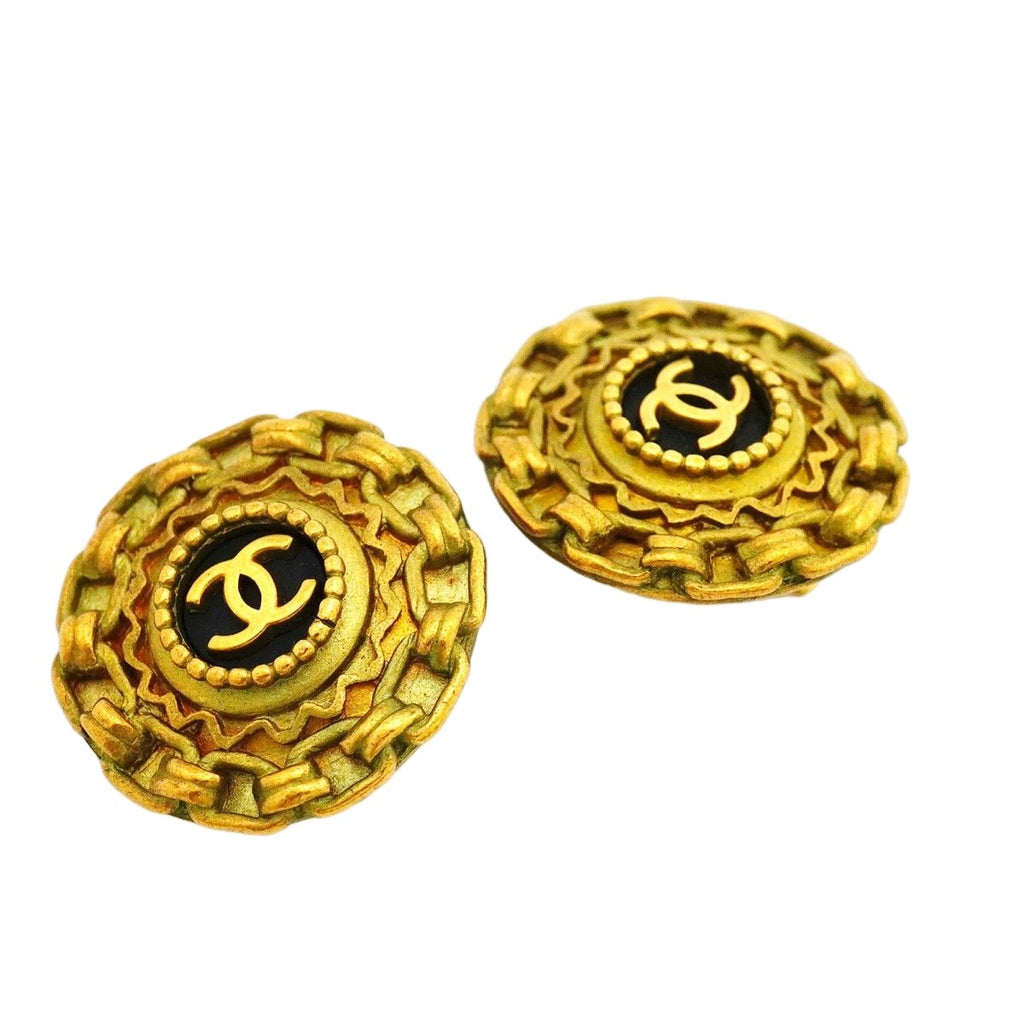Chanel Earrings Vintage CC Logo Gold Plated Black Cles — view 2