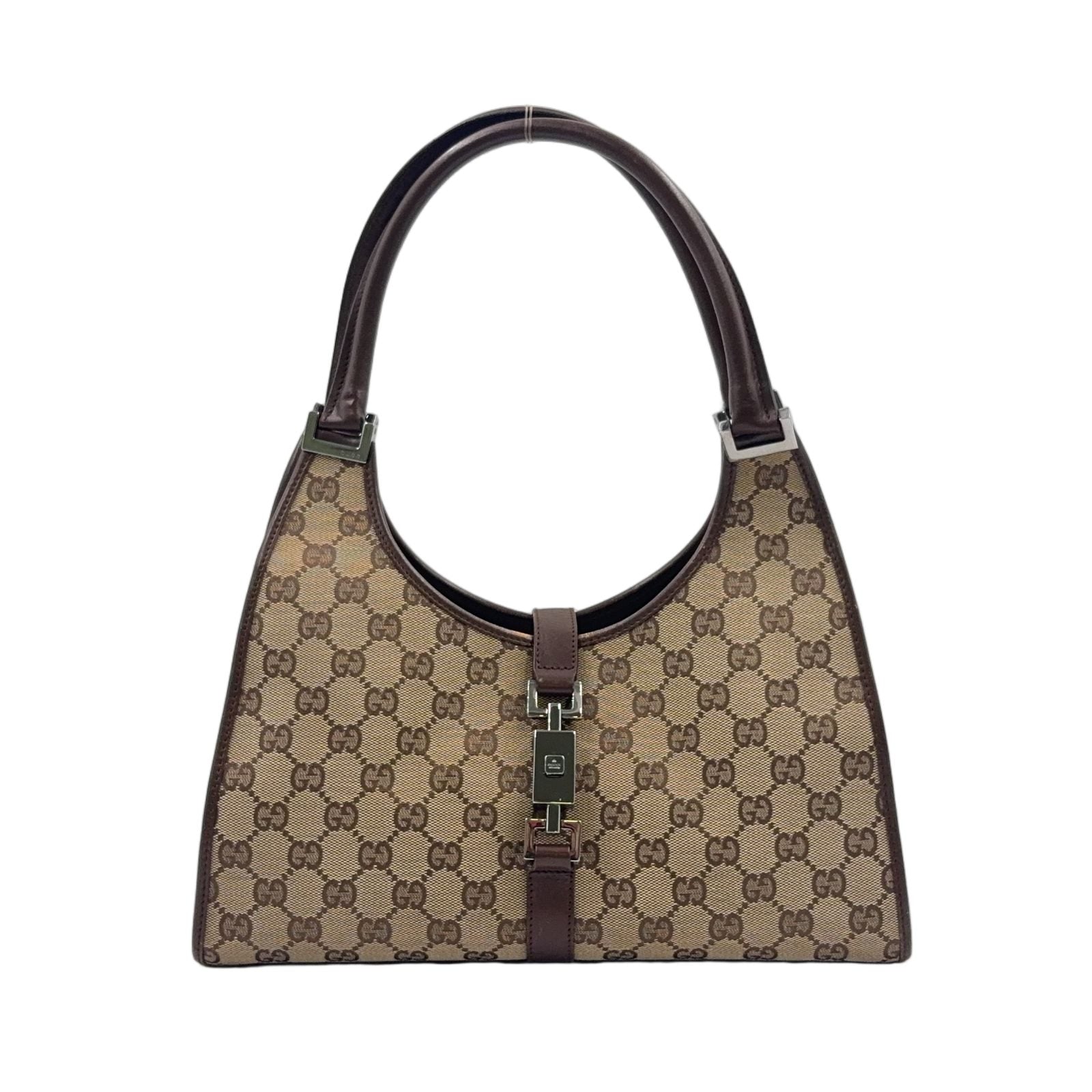 Gucci Jackie Leather Canvas Brown Beige Handbag Silver