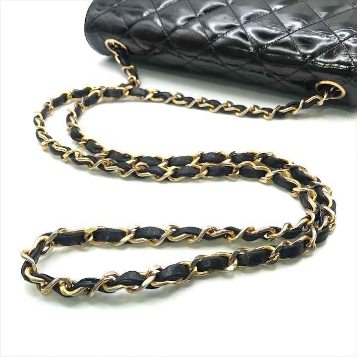 Chanel CC Logo Quilted Calf Enamel Full Flap Chain Shoulder Bag Black — view 6
